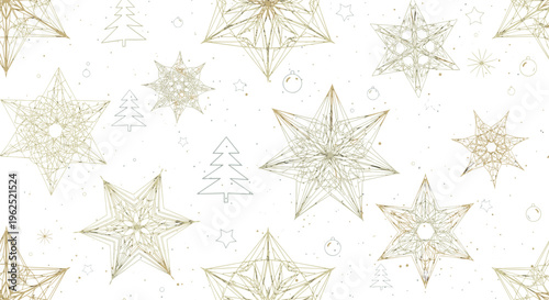 Intricate golden starburst snowflakes and abstract geometric patterns on a clean