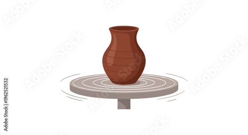 A dark brown clay pot with horizontal ridges spins on a gray, rotating potter's wheel on a white background.