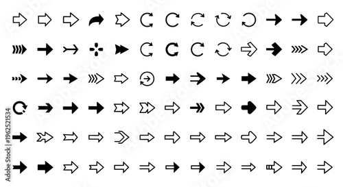 Collection of diverse arrow icons and symbols representing direction navigation