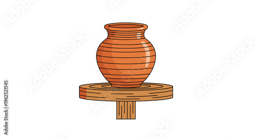 A terracotta-colored clay pot with horizontal ridges rests on a stationary wooden potter's wheel on a white background.