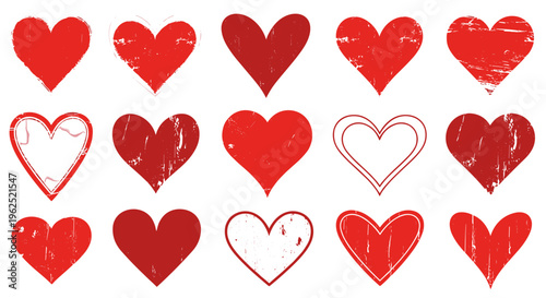 Collection of red hearts various styles isolated on white background for design