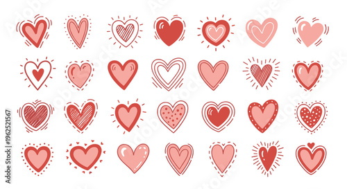 Collection of diverse hand drawn hearts in various shades of pink and red