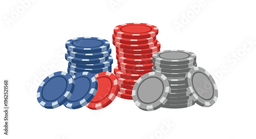 Three separate stacks of blue, red, and gray poker chips with scattered loose chips are arranged on a white background.