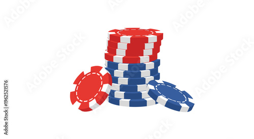 A tall stack of red and blue poker chips with two loose chips leans against its base on a white background.