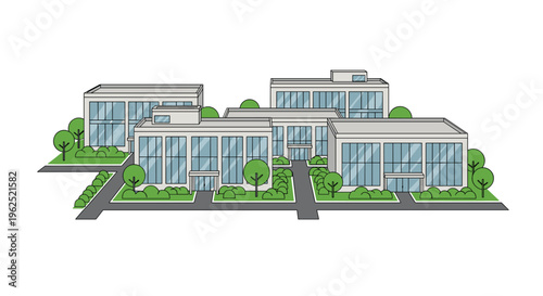 An isometric illustration features five low-rise office buildings with glass facades, green trees, and dark gray roads on a white background.