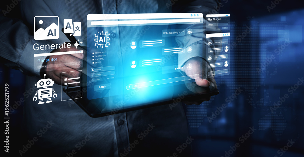 Obraz premium Engaging image depicting a hand interacting with a futuristic digital interface focused on AI technology and chatbot communication in a modern workspace setting. Ledger