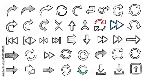 Collection of hand drawn arrows and symbols for navigation direction and interface