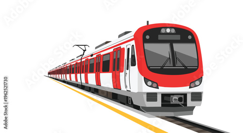 A red and white metro train with multiple cars travels on a track with a yellow line against a white background.
