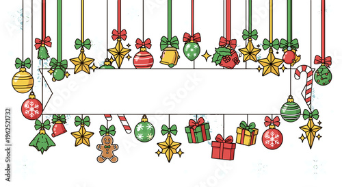 Festive christmas ornaments border with blank banner for text and holiday greetings