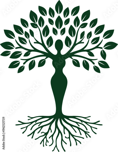 A unique and artistic logo featuring a human figure blended with a tree, with branches forming leaves and roots extending below. This symbolic design represents growth, life, balance, and connection w