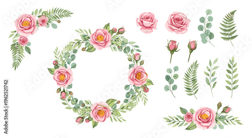 Watercolor pink roses and green leaves wreath and floral elements for wedding