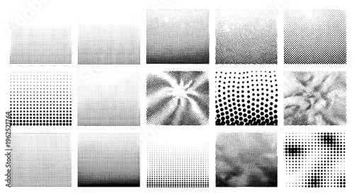 Collection of 15 abstract halftone dot patterns and textures for graphic design