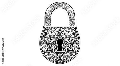 Ornate black and white padlock with floral keyhole detailing
