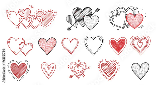 Diverse hand drawn heart illustrations with romantic affectionate styles