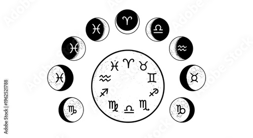 Black and white zodiac circle with twelve astrological symbols
