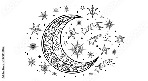 Whimsical crescent moon with stars and flying bird in black white