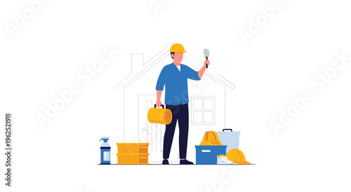 A construction worker in a yellow hard hat holds a trowel and toolbox in front of a house outline.