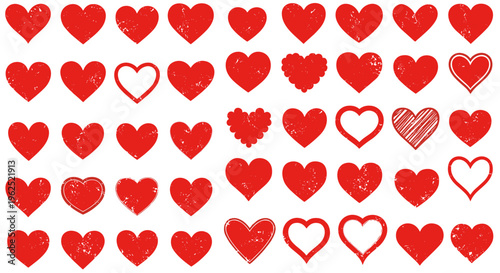 Collection of diverse red heart shapes with varied textures and styles on a clean
