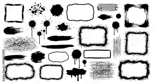 Collection of black ink splatter and brush stroke graphic elements for design