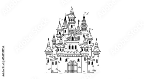 Elegant black and white castle with spired towers and stone walls