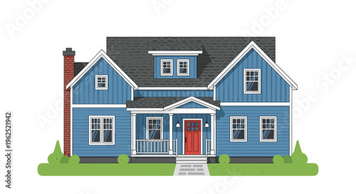 A blue two-story house with a red door and a dark gray roof stands against a white background.