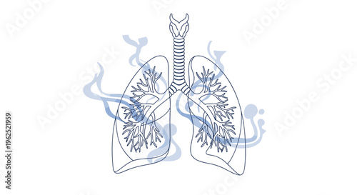 An outline illustration of human lungs and trachea with swirling blue smoke is depicted on a plain white background.