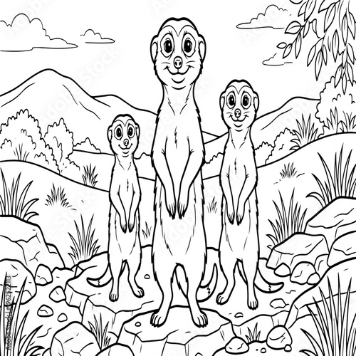 Cute meerkat family coloring page vector, cartoon meerkats standing in savanna landscape, black and white animal outline for kids activity book
