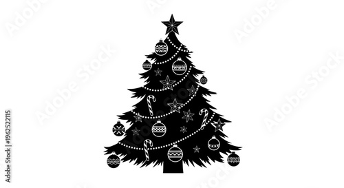 Tall slender black and white Christmas tree with star and ornaments
