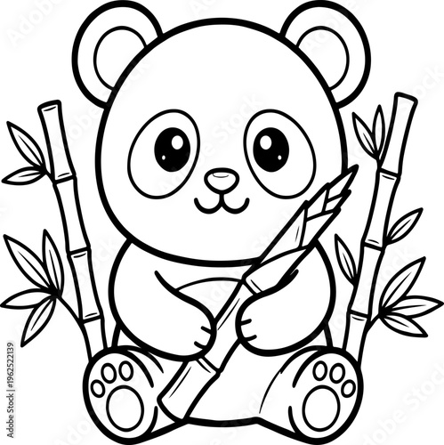 Cute cartoon baby panda holding bamboo in a nature scene