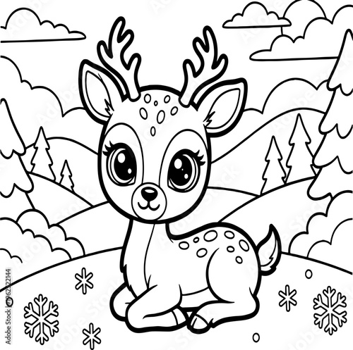 Cute baby deer coloring page for kids, adorable fawn character in winter forest landscape, black and white outline vector illustration of a reindeer
