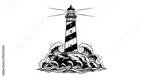 Black and white lighthouse standing on rocky shore with crashing waves