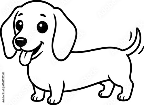 Cute dachshund puppy coloring page vector, happy cartoon wiener dog line art, adorable sausage dog character for kids activity book