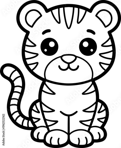 Cute tiger coloring page for kids, adorable baby tiger cub vector illustration, black and white outline of a sitting jungle animal character