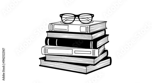 Stacked books with round framed glasses resting on top