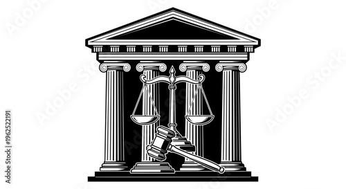 Greek temple with justice scales and gavel in monochrome