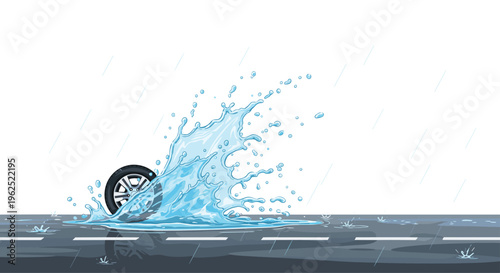 A car tire splashes through a large puddle on a wet asphalt road with lane markings during a rain shower.