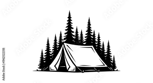 Minimalist black and white forest tent surrounded by pine trees