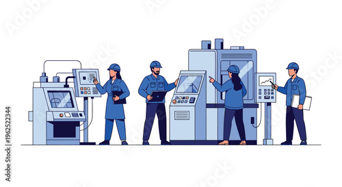Four factory workers in blue uniforms and hard hats are operating and monitoring industrial machines with control panels and screens.