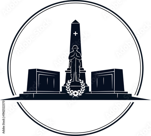 Vector silhouette illustration of a solemn war memorial, featuring an obelisk, a soldier statue, and a wreath, honoring veterans, symbolizing remembrance, sacrifice, and national tribute.