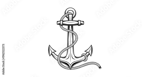 Simple black and white anchor sketch with coiled rope