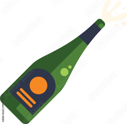 Green champagne bottle popping for a celebration in minimalist flat design