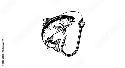 Trout caught on hook in minimalist black and white sketch