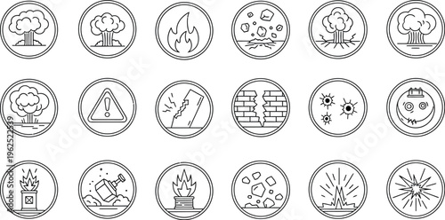 A comprehensive set of outline icons illustrating various natural and man-made disasters, hazards, and destructive events, perfect for safety warnings and educational materials.