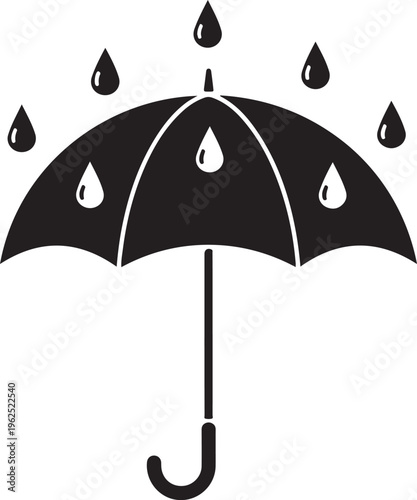 Black umbrella icon, rainy weather symbol, vector rain droplets, waterproof accessory