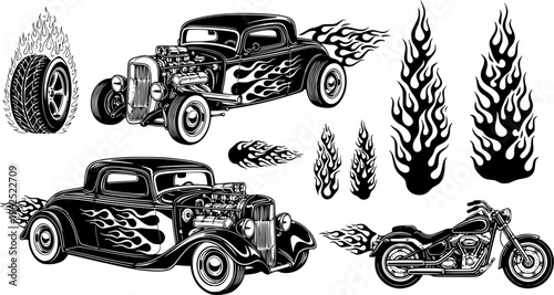 Silhouettes. Vintage hot rods and flames. Vector illustration, transparent background EPS version.