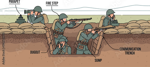Illustration detailing the various labeled components and roles of a typical World War Two era military trench system manned by infantry soldiers