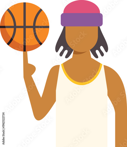 Streetball athlete balancing an orange basketball on a fingertip