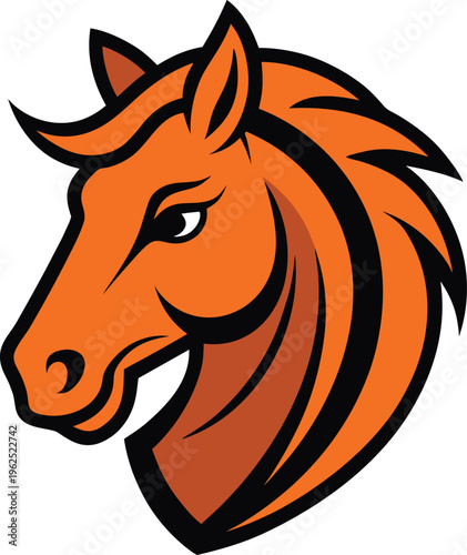Black silhouette of a stylized horse head with flowing mane and tail against an orange background flowing tail