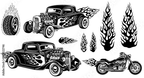 Silhouettes. Vintage hot rods and flames. Vector illustration, transparent background SVG version.
