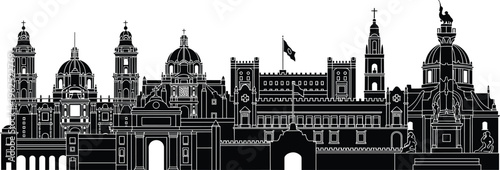 Architectural skyline silhouette illustration set, monumental landmark domes towers heritage artwork, cityscape vector design concept